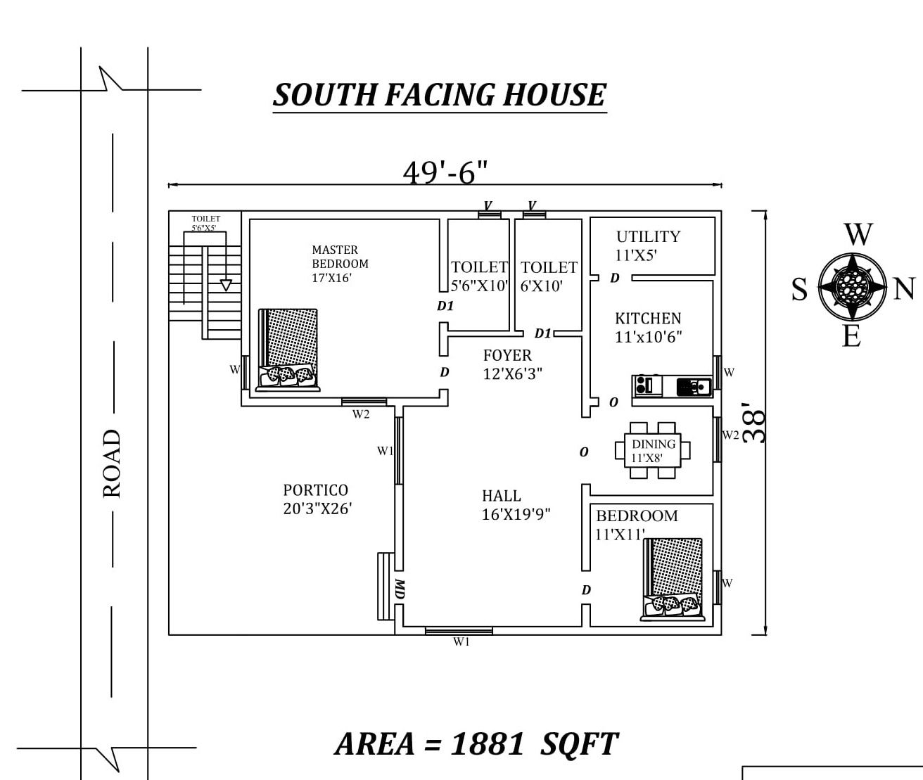 49'6"X38' 2bhk Awesome South facing House Plan As Per Vastu Shastra,Autocad DWG and Pdf file details.