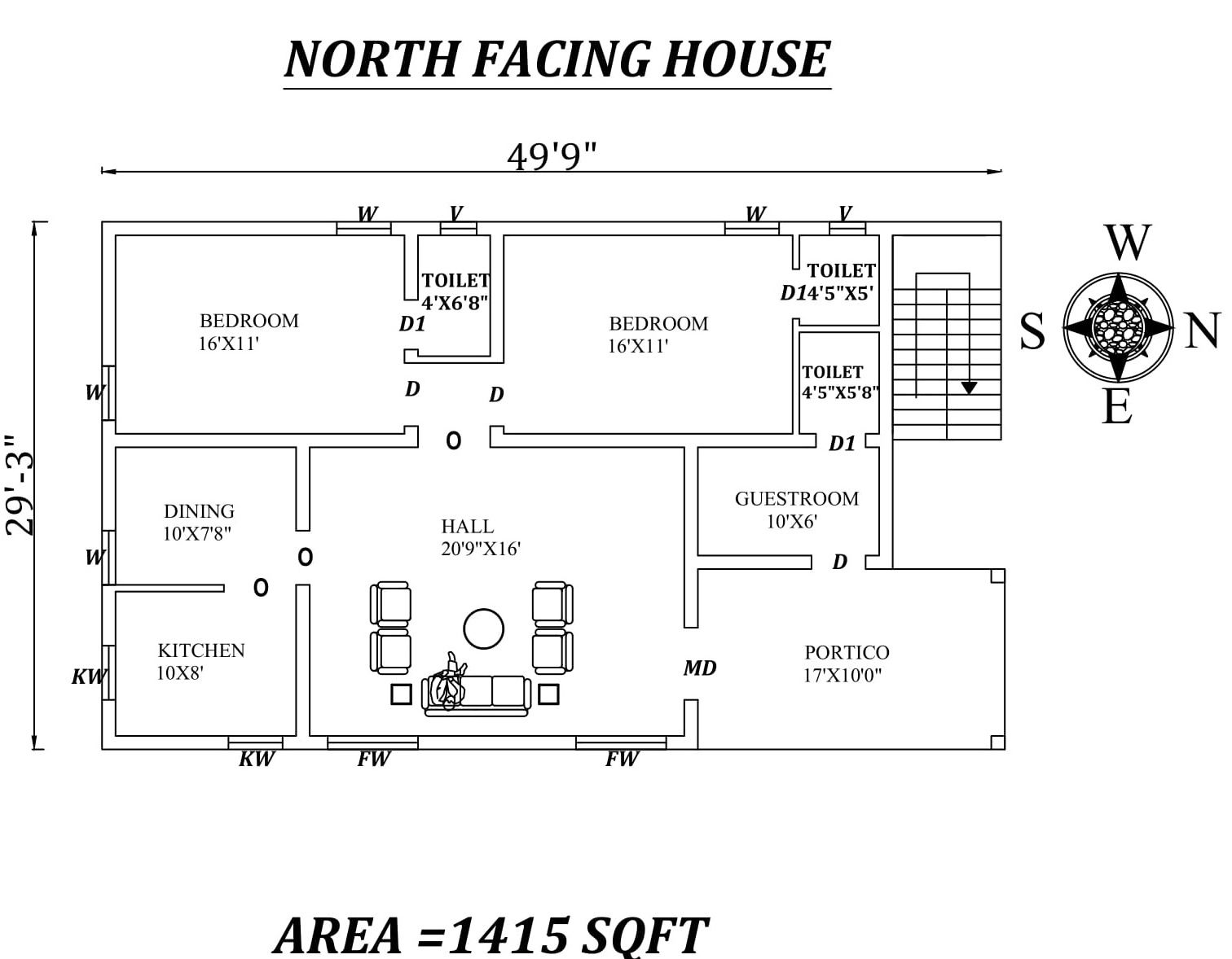 49'9"X29'3" 3BHK North Facing House Plan As Per Vasthu Shastra. Autocad DWG and Pdf file details.