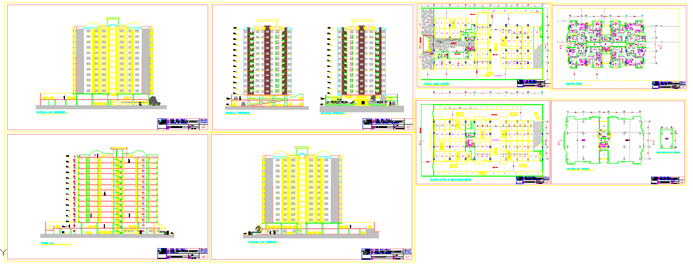 High Rise Building DWG Plan with Floor Layouts and Elevation Design