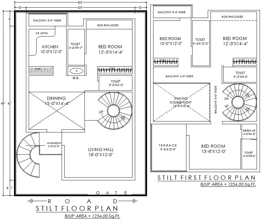 49ft x 35ft Two Floor House Plan Design AutoCAD DWG Download File
