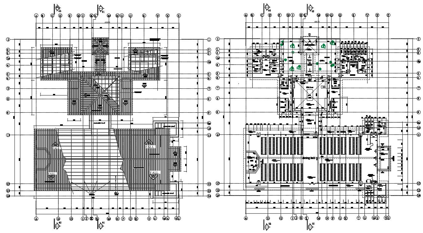 49x56m dining hall plan is given in this Autocad drawing file. Download now.