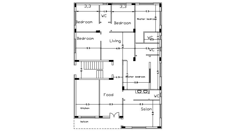 4 BHK House Plan AutoCAD File Layout