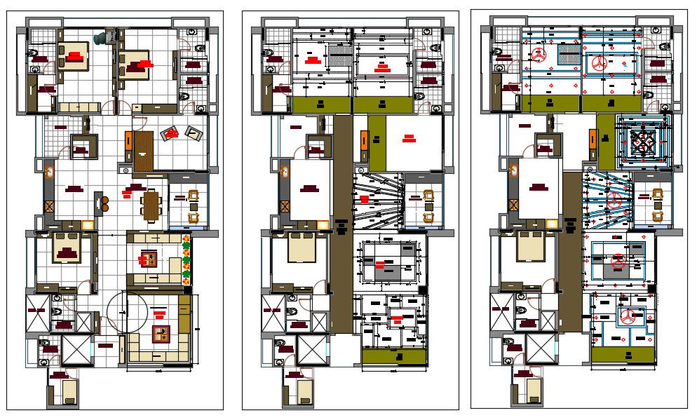 4 BHK House Plan With Ceiling And Electrical Layout Drawing DWG File