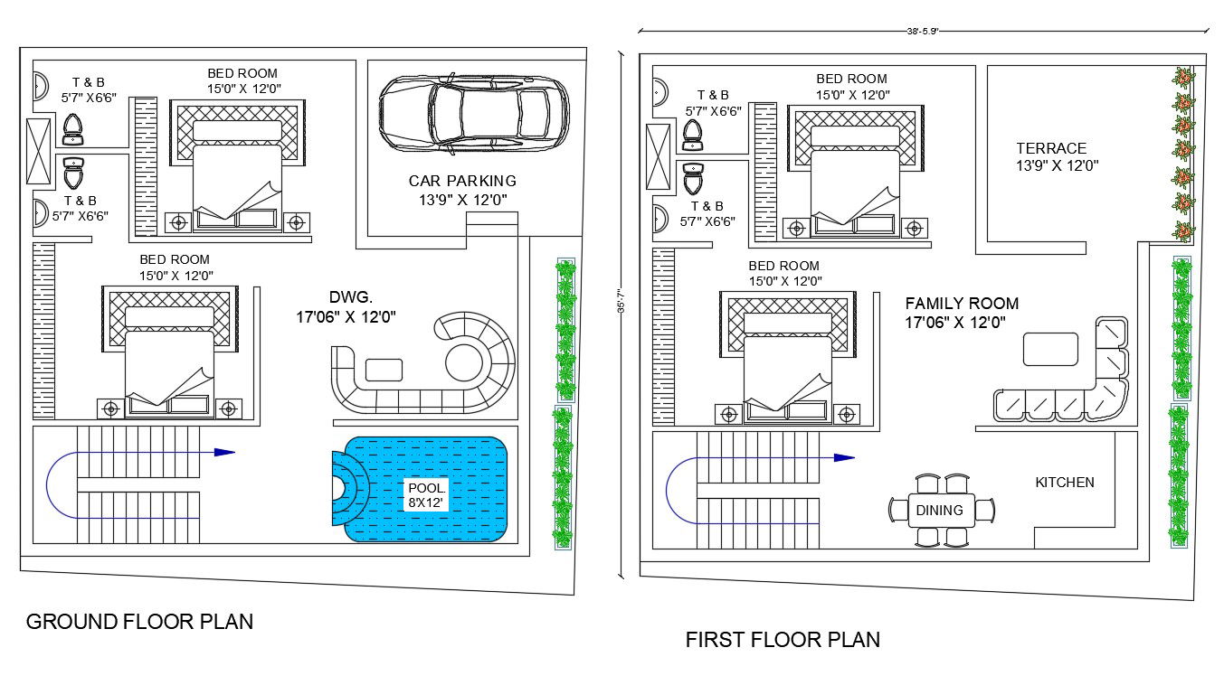 4 BHK House Plan With Swimming Pool Design DWG File