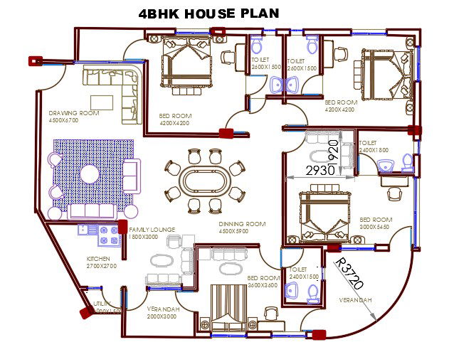 4 BHK House With Furniture Layout Plan AutoCAD Drawing DWG File