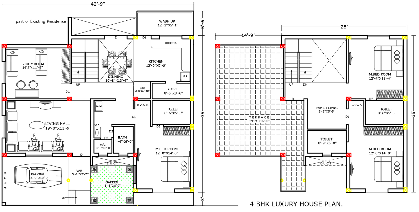 Elegant 4 BHK house plan for terrace and parking in DWG File