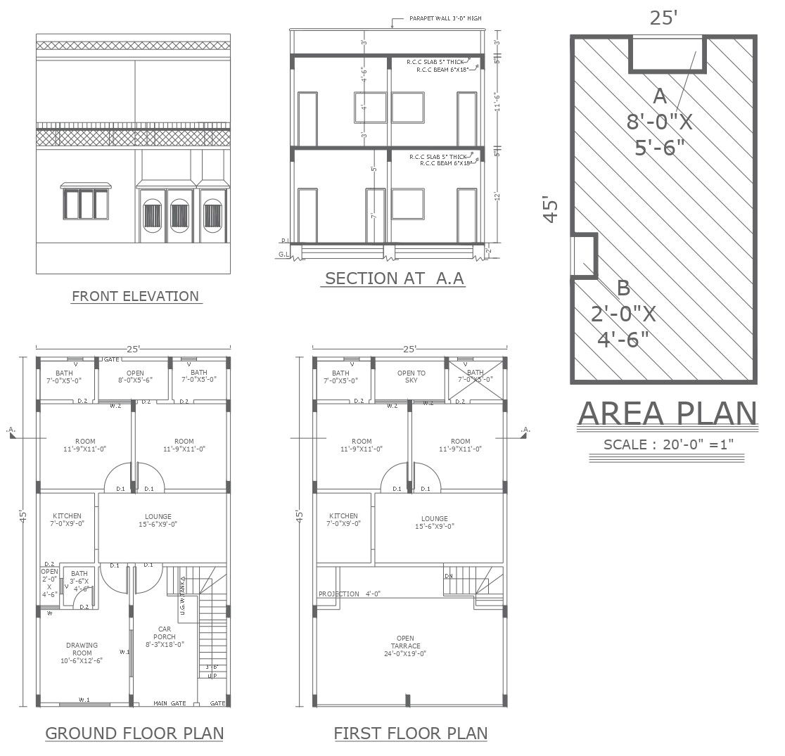 4 BHK Floor Plan with Section and Elevation in DWG Format
