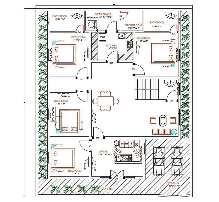 4 Bedroom House AutoCAD Ground Floor Plan Design