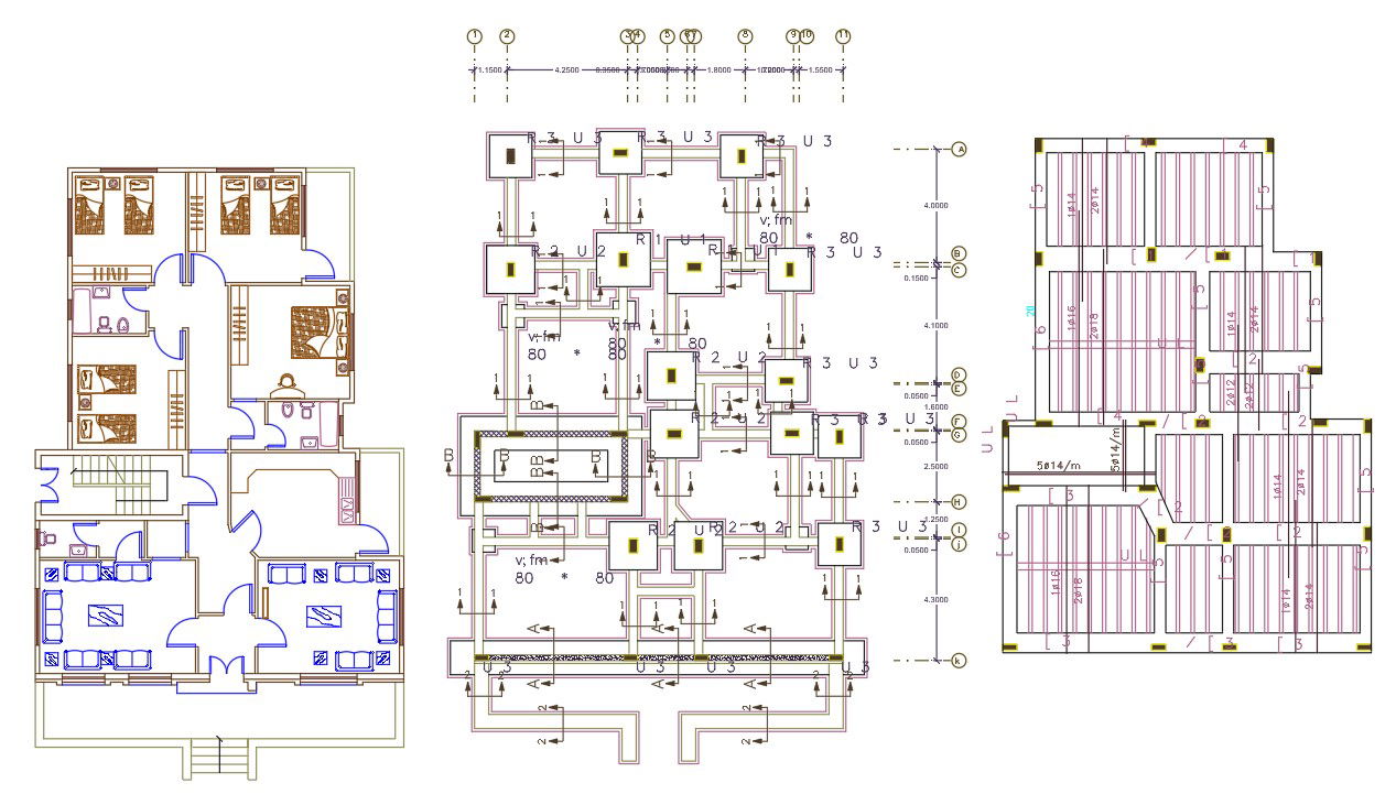 4 Bedroom House Furniture Layout Plan Design DWG File