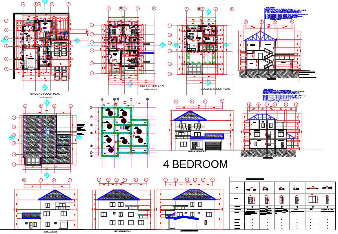 Architectural 4-Bedroom Villa DWG Plan with Elevations