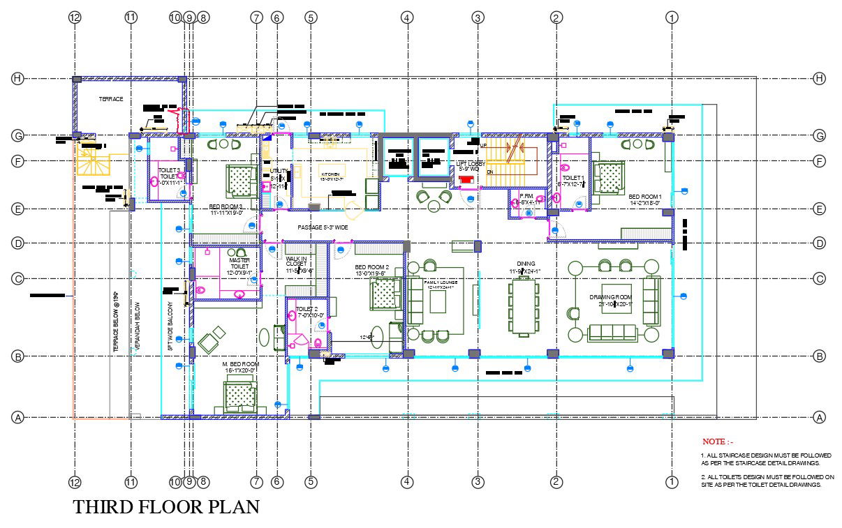 4 Bedrooms Luxurious Furniture Apartment Plan AutoCAD File