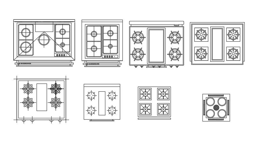 4 Burner Kitchen Gas Stove AutoCAD Blocks DWG File for Design
