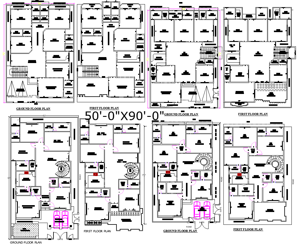 4 Residential 50x90House Floor Plans in AutoCAD File