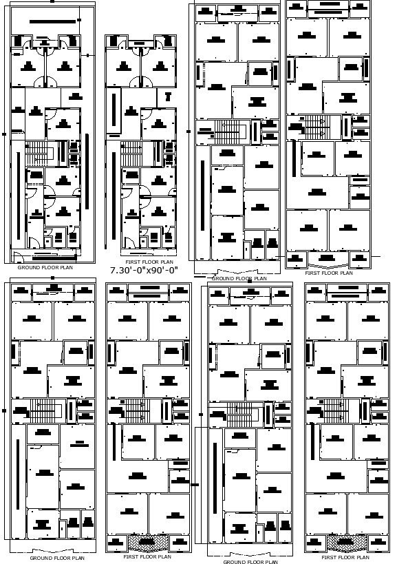 Four Dual Floor 30x90 House plans With DWG CAD File