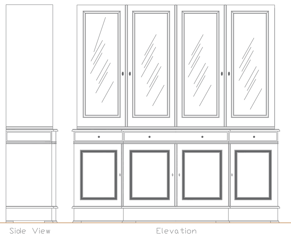4 Door Wardrobe Design with Elevation and Side View CAD File