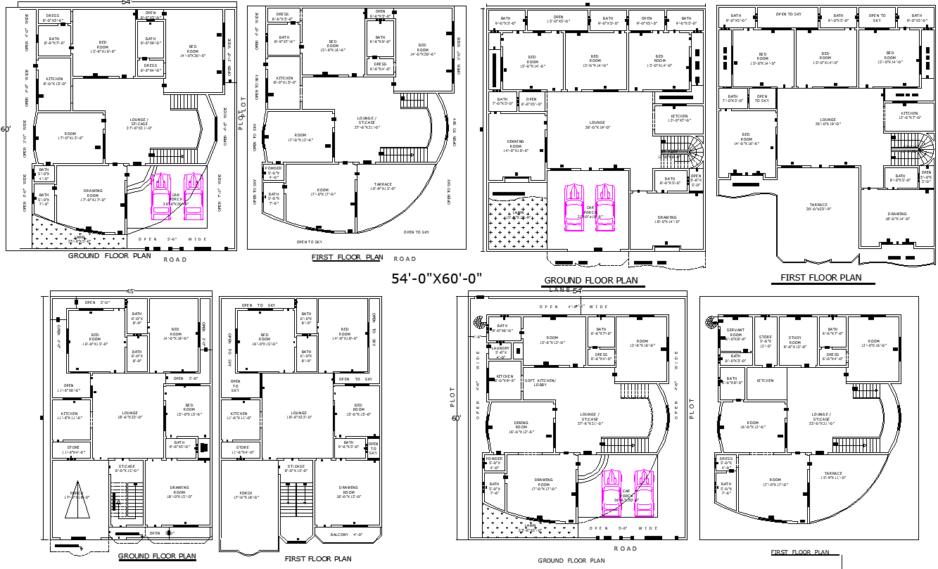 54x60 Residential House Plans with four elegant AutoCAD file