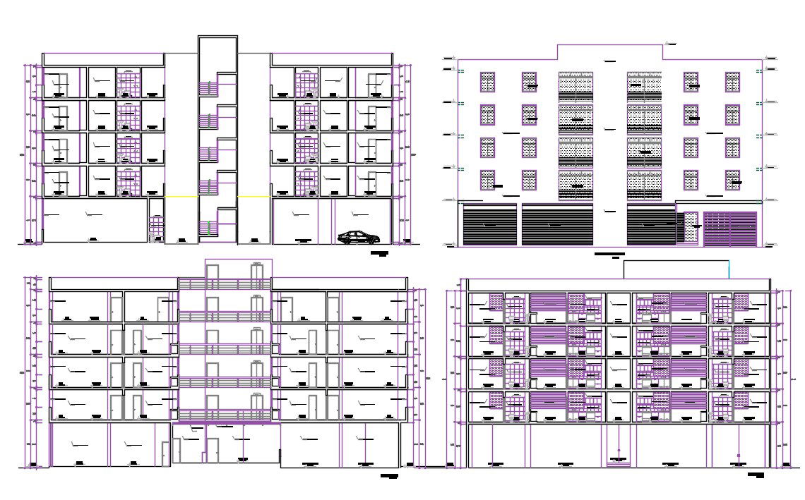 4 Storey 3 BHK Apartment Building Sectional Elevation Design DWG File