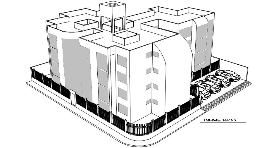 4 Storey Apartment Building Isometric Elevation Design DWG File