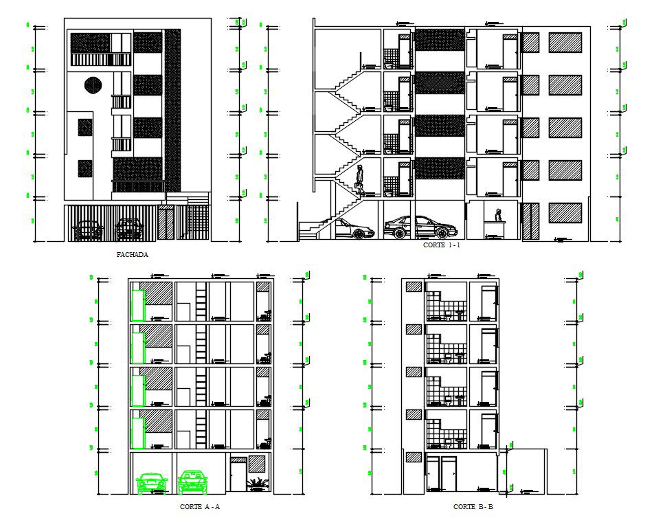 4 Storey Apartment Building Section And Elevation Drawing CAD File