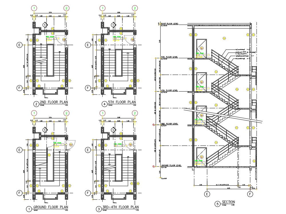 4 Storey Apartment Building Staircase Plan And Section Drawing