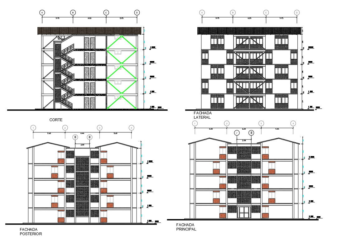 4 Storey Multifamily Apartment Building Section And Elevation Design DWG File