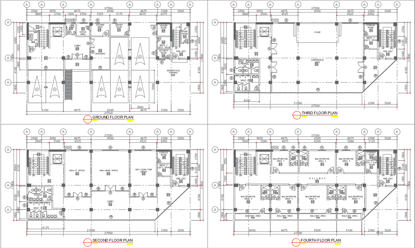 4-Story Office Building Floor Plan Layout Details in DWG File