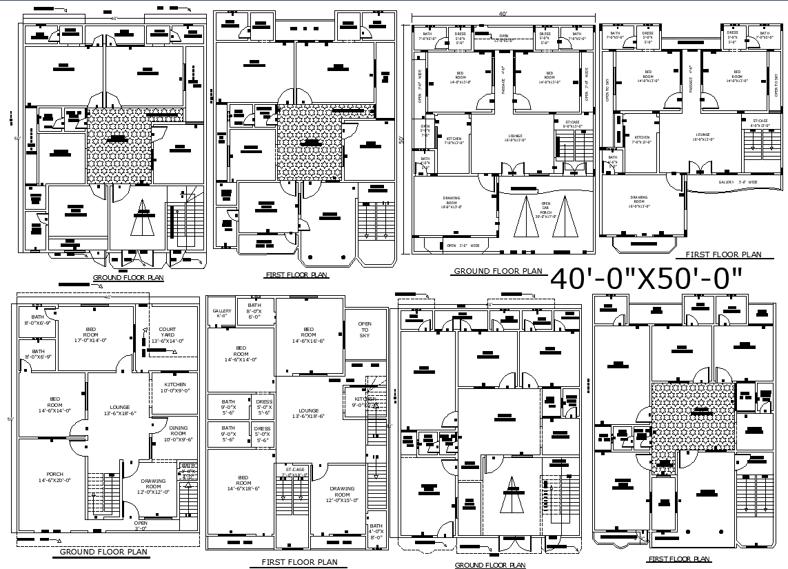 4 Unique 40x50 Residential House Plans in DWG File