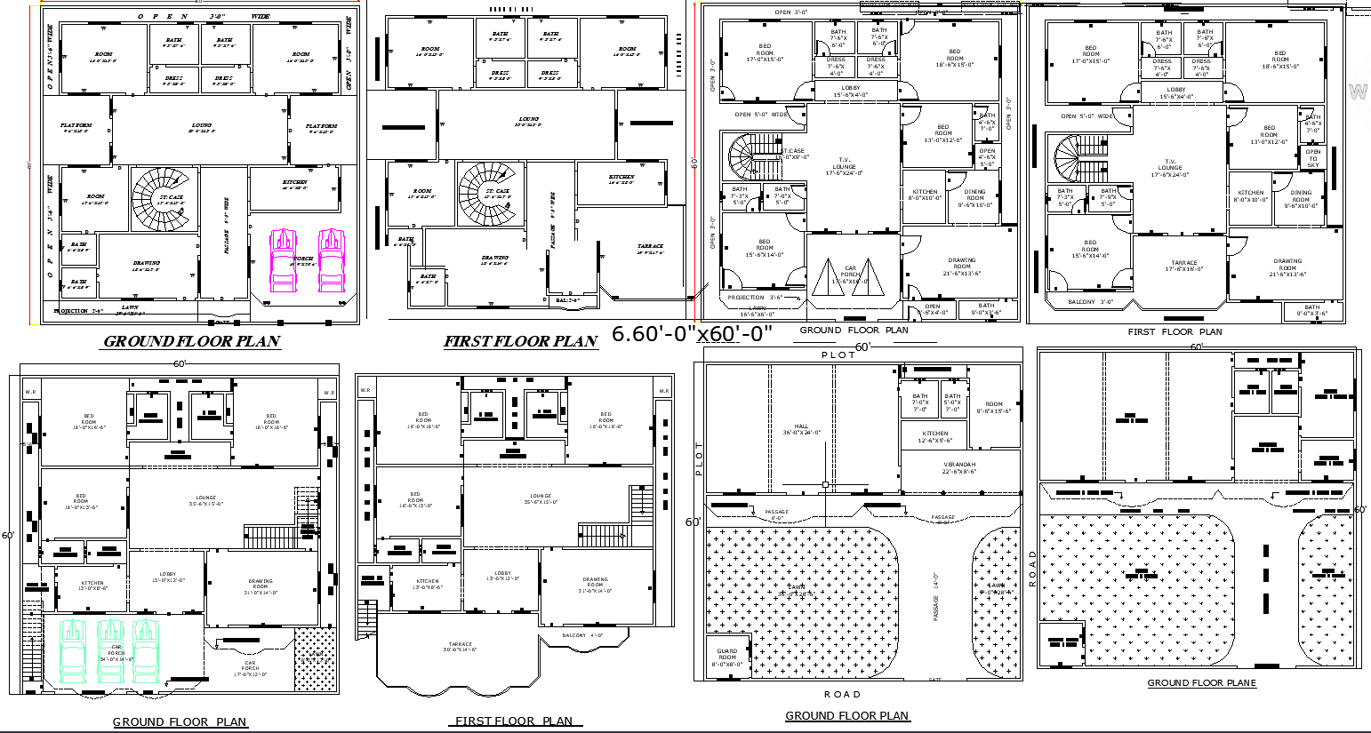 Four 60x60 Residential House Layouts in DWG AutoCAD File