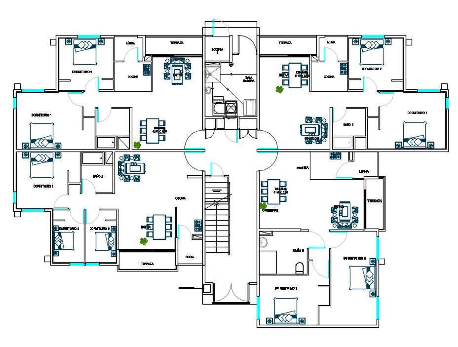 4 Unit Apartment Cluster Layout Plan With Furniture Set Up Drawing DWG File