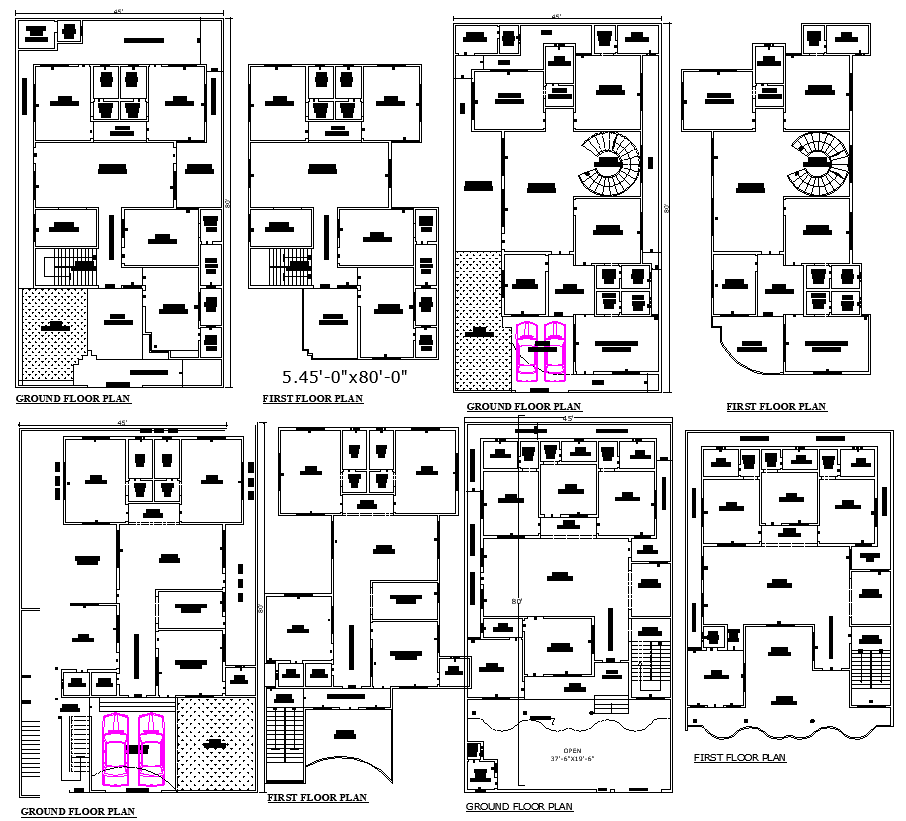 4 Two-Story House Plans for 45x80 Plot in AutoCAD DWG File