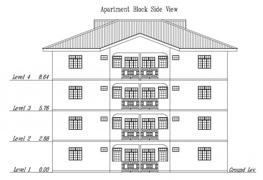 4 story apartment front side elevation design cad file