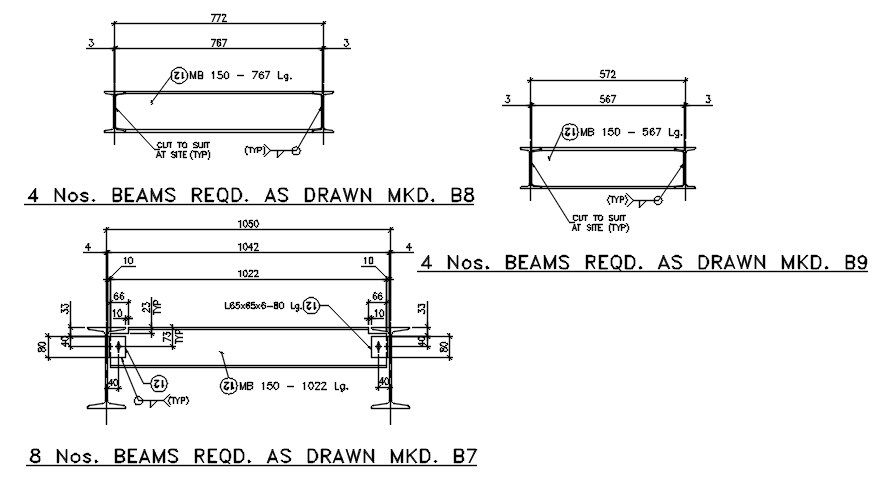 4 and 8 Beams required work section drawing details are given in this 2D AutoCAD DWG drawing. Download the free AutoCAD 2D DWG file.