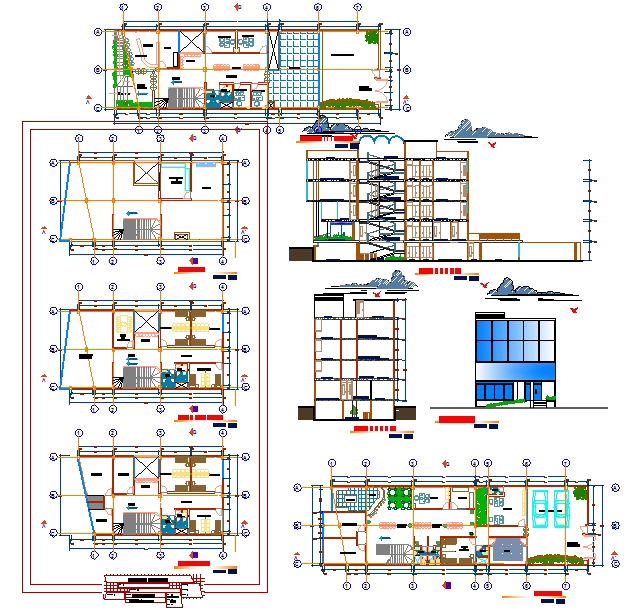 Multi level clinic project design with sectional and floor layout plan