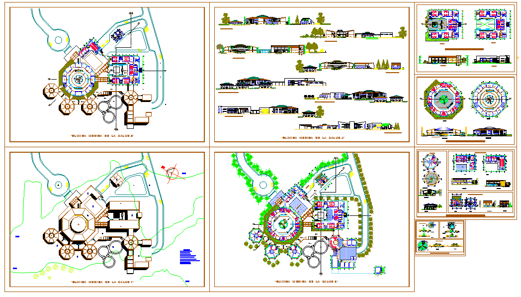 Clinic centre DWG layout with circular blocks in 95x120m site plan