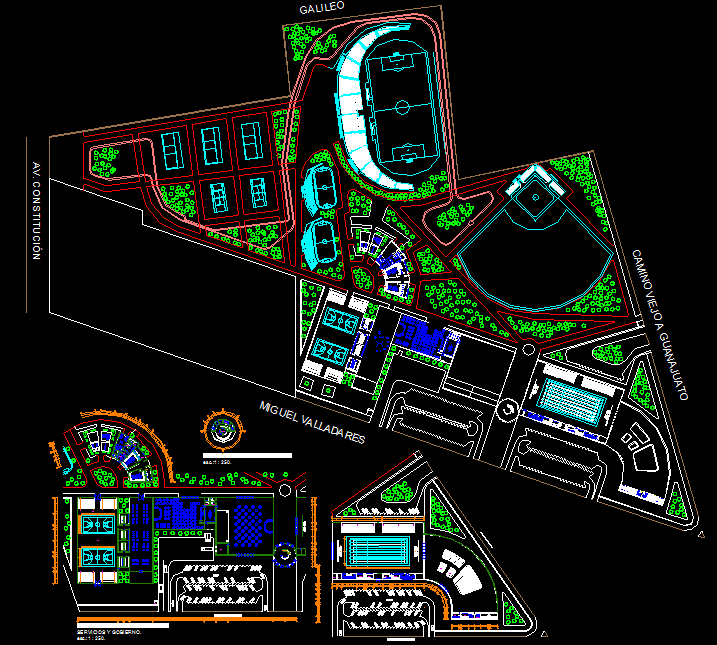 Sports Center CAD Drawing with Stadium and Layout Plan Details