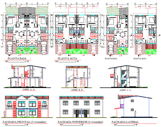 Twin House Complete 2D CAD Drawing with Plans and Elevations