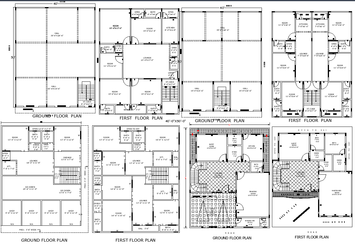 4 Commercial and Residential 40x50 Floor Plans in DWG File