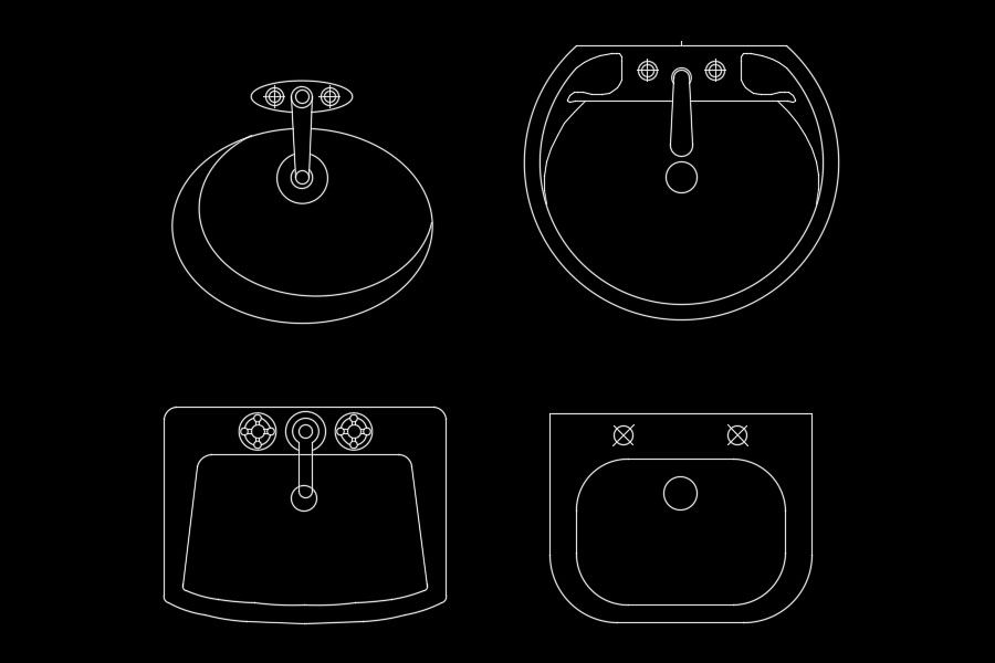 4 different types of wash basin AutoCAD drawing