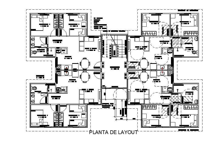 4 houses apartment building plan is given in this Autocad drawing model. Download now.