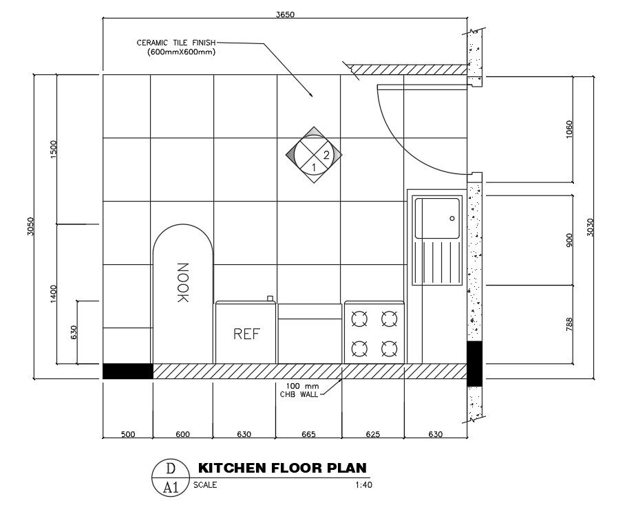 4x3m kitchen plan is given in this Autocad drawing file. Download now.