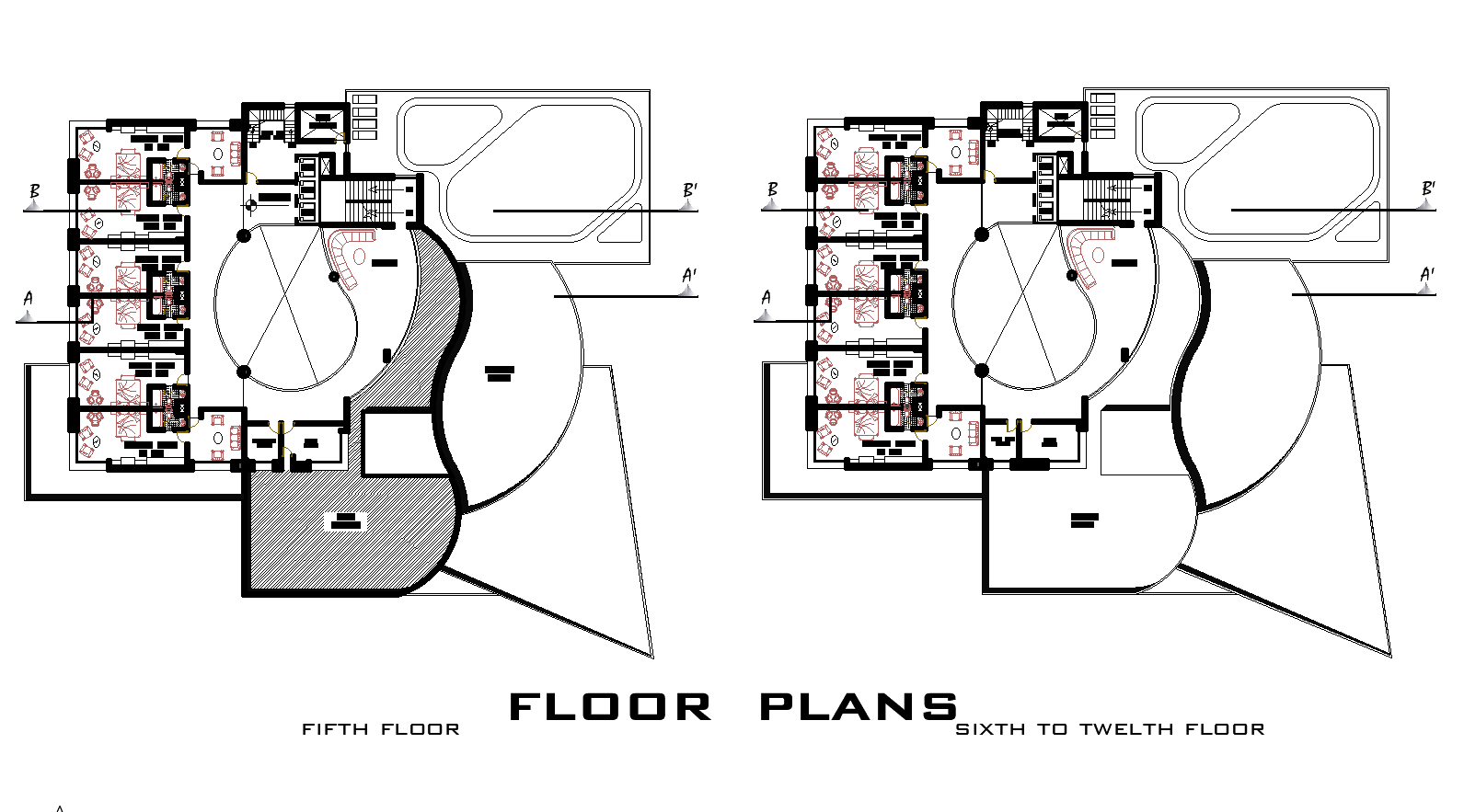 5 Star hotel section plan detail dwg file.