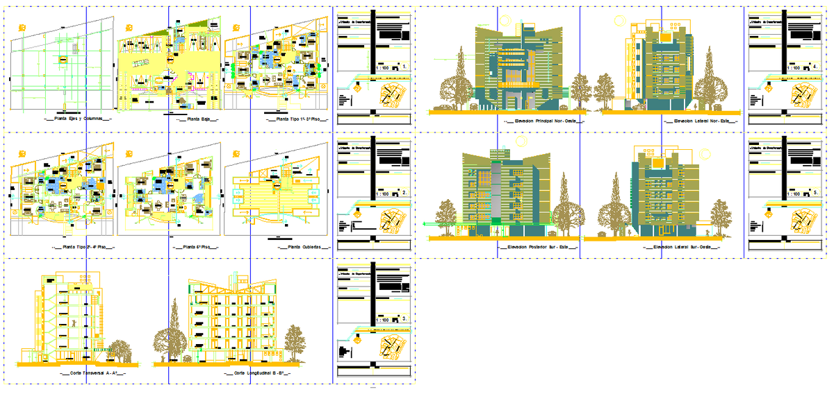Residential Building DWG with Floor Plans Elevations and Sections