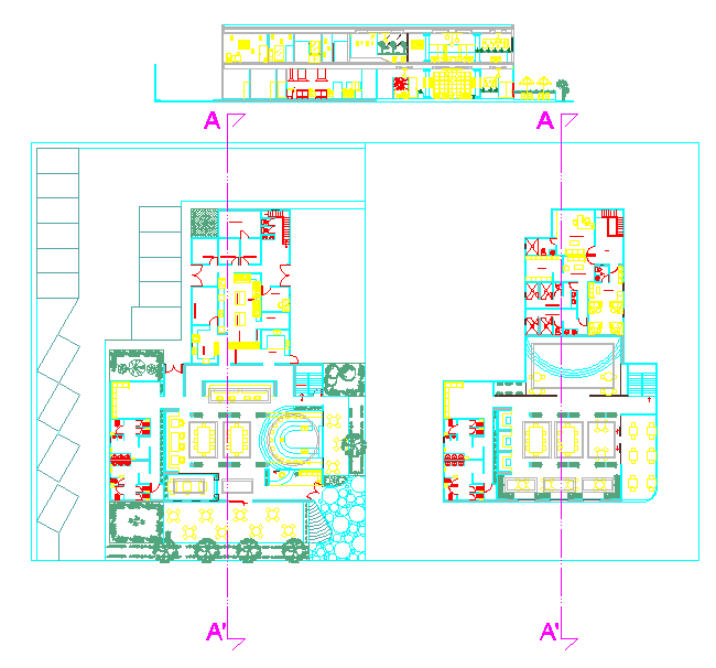 Architectural Building DWG with Detailed Floor Plans and Section View