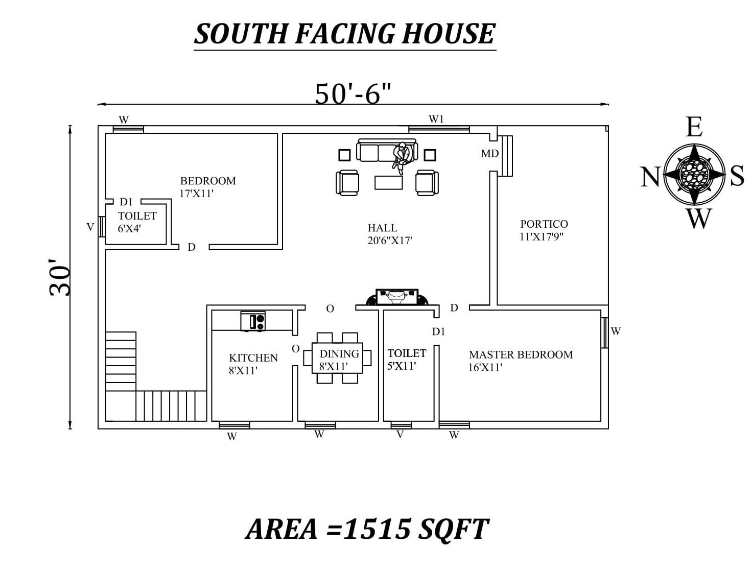 50'6"x30' Awesome 2BHK South Facing House Plan AS Per Vasthu Shastra, Cad DWG File Details.