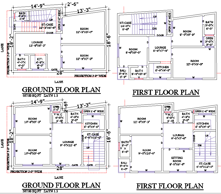 507 Sq Ft 2-Storey House Plan with Dual Layouts in DWG File