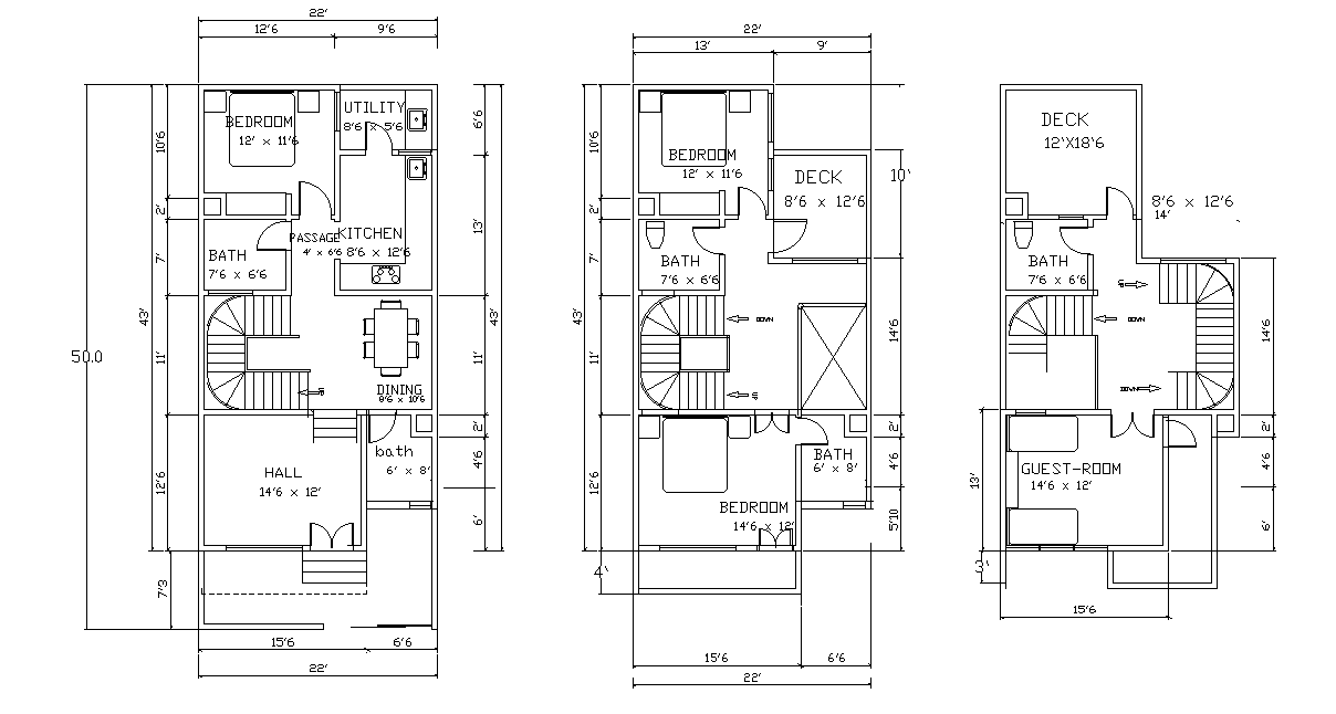 50'x22' House Floor Layout Plan in AutoCAD DWG File