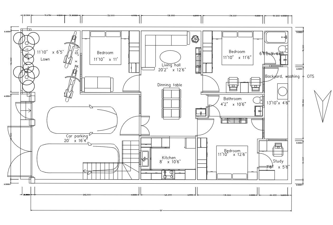 50X30 Feet 2 BHK House Ground Floor Plan Download DWG File