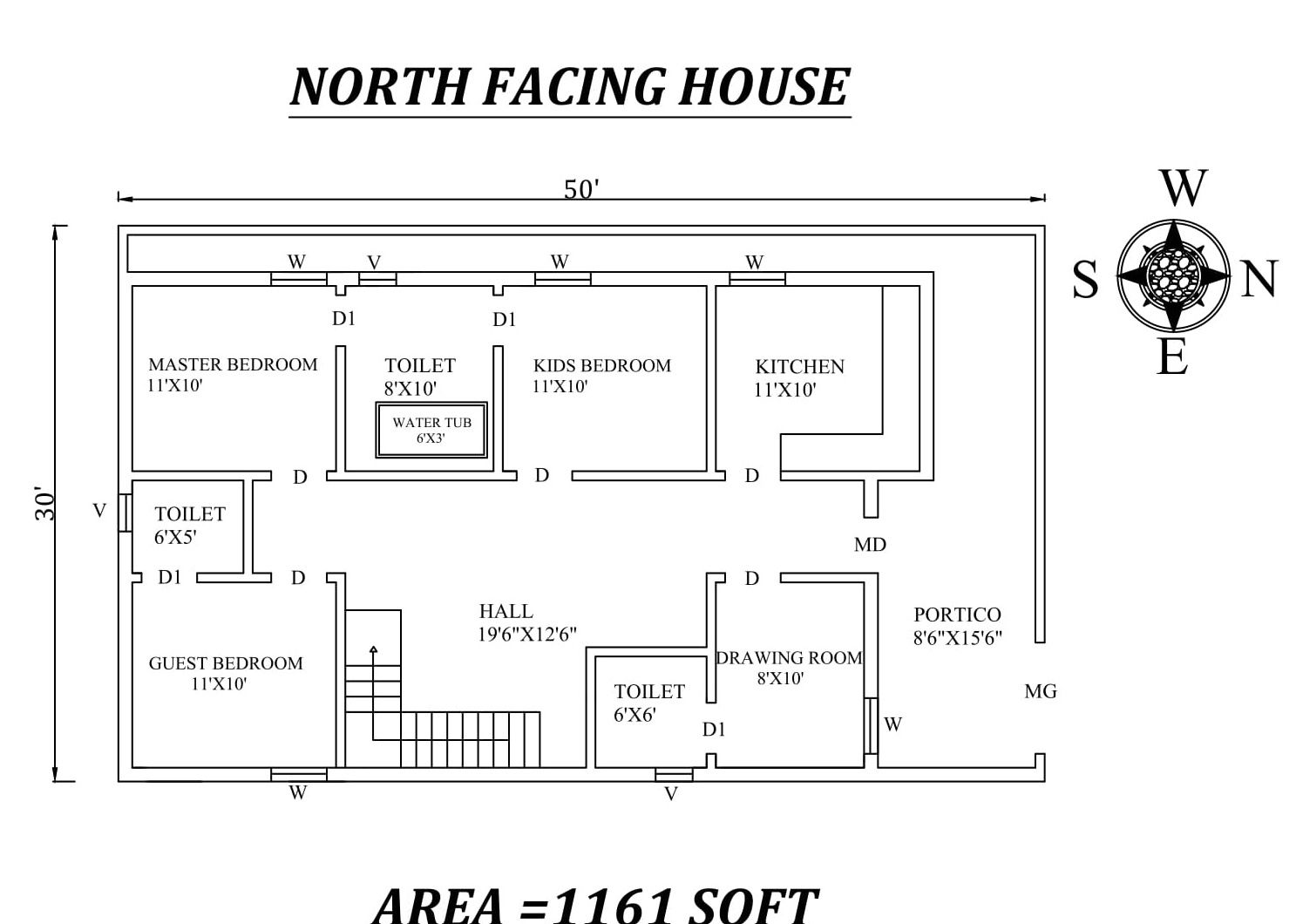 50'X30' Splendid 3BHK North Facing House Plan As Per Vasthu Shastra,Autocad DWG and Pdf file details.