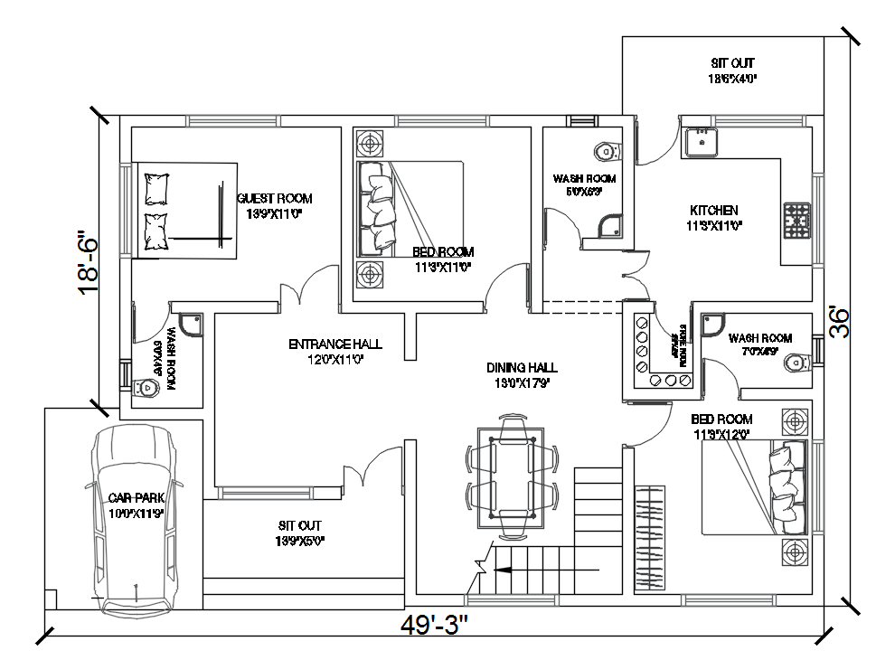 50'X36' Architecture 3 BHK House Layout Plan Drawing DWG File