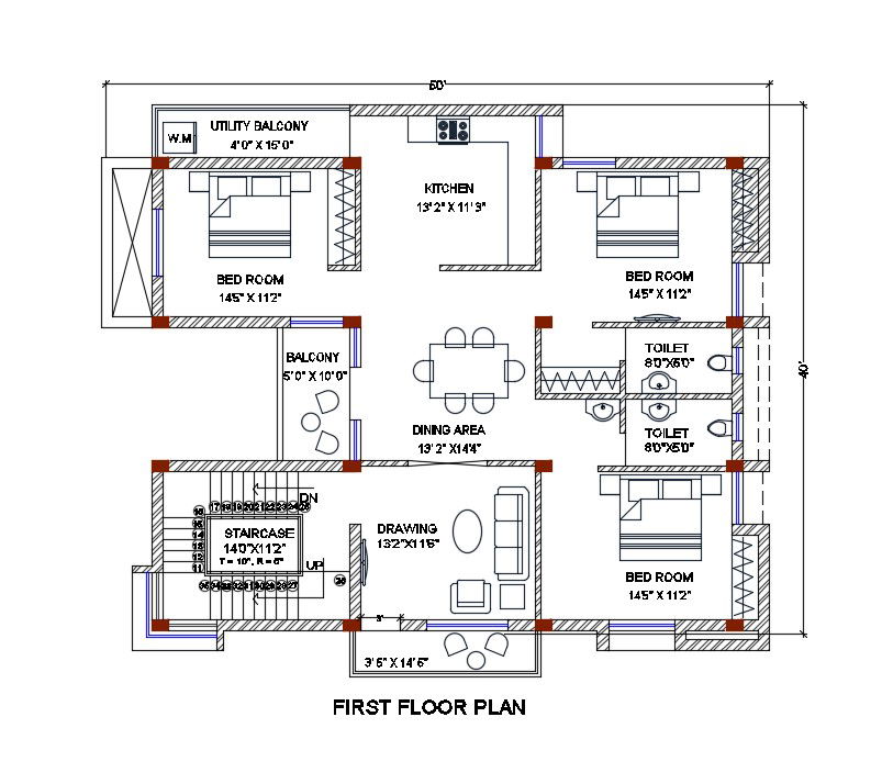 50X40 Feet Architecture House Plan Drawing Download DWG File